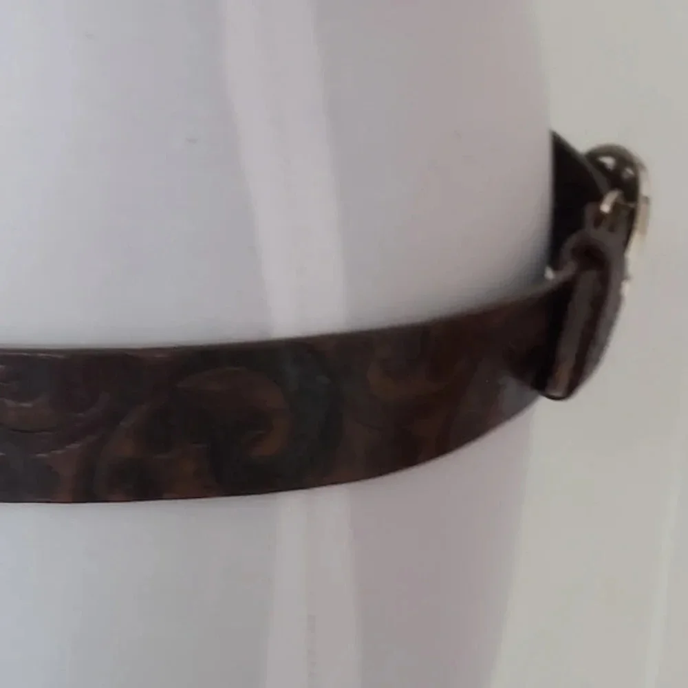 Brighton Dark Brown‎ Handtooled Leather Belt with Silver Heart Oval Buckle